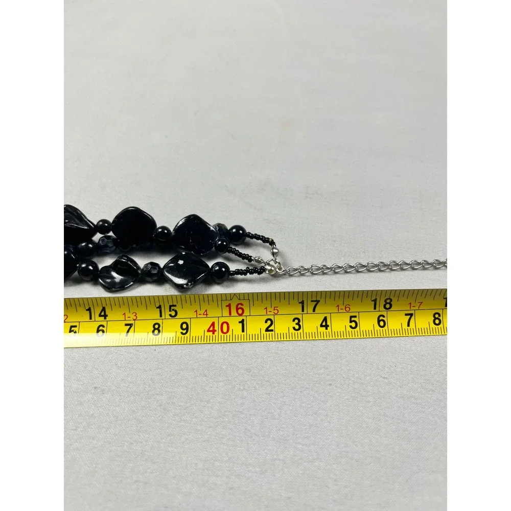 Black‎ Iridescent Triple Strand Beaded Statement Necklace Adjustable Silver Tone